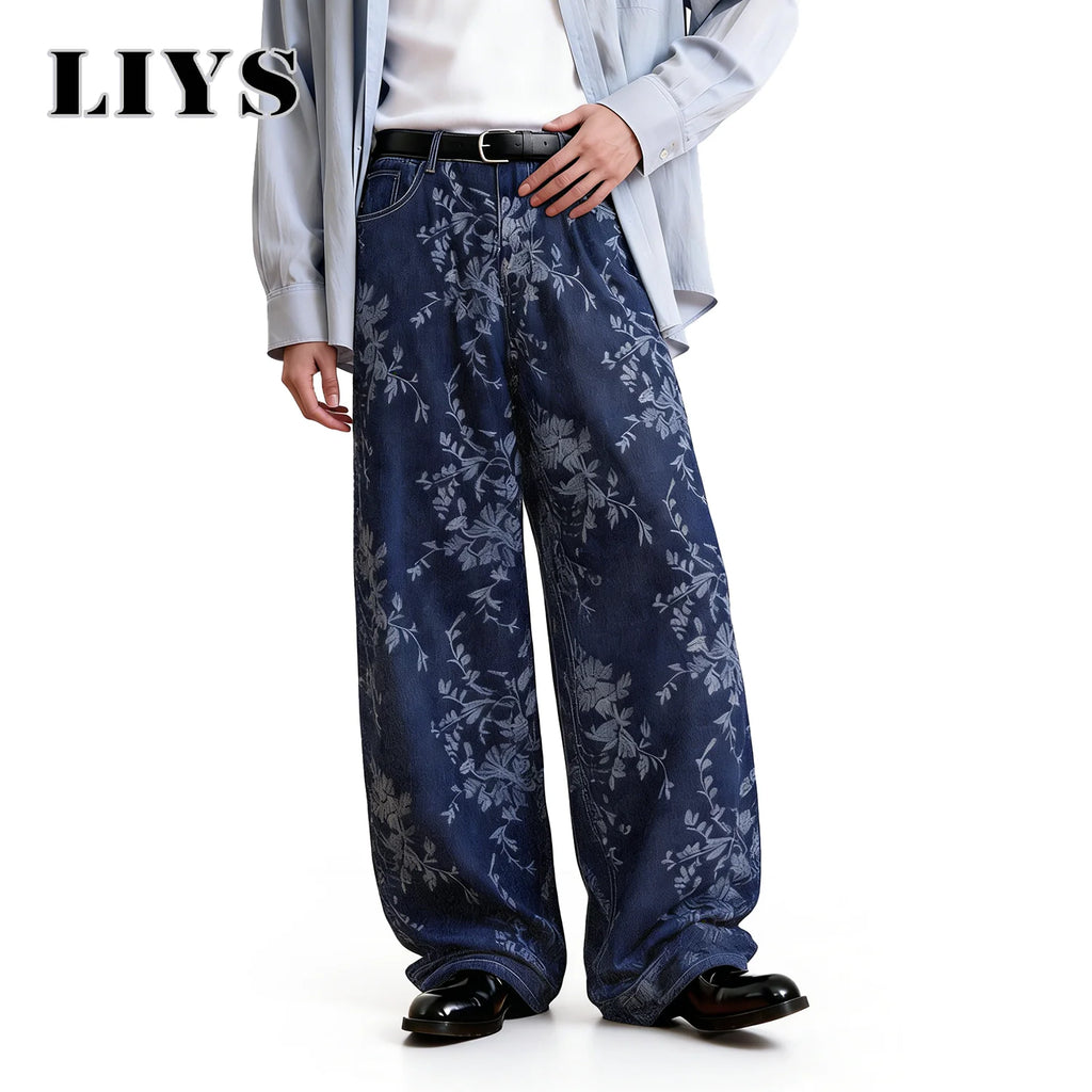 LIYS Japanese Korean Style Orchid Jacquard Fabric Baggy Wide-leg Jeans American Retro Jacquard Wide-leg Casual Denim Pants