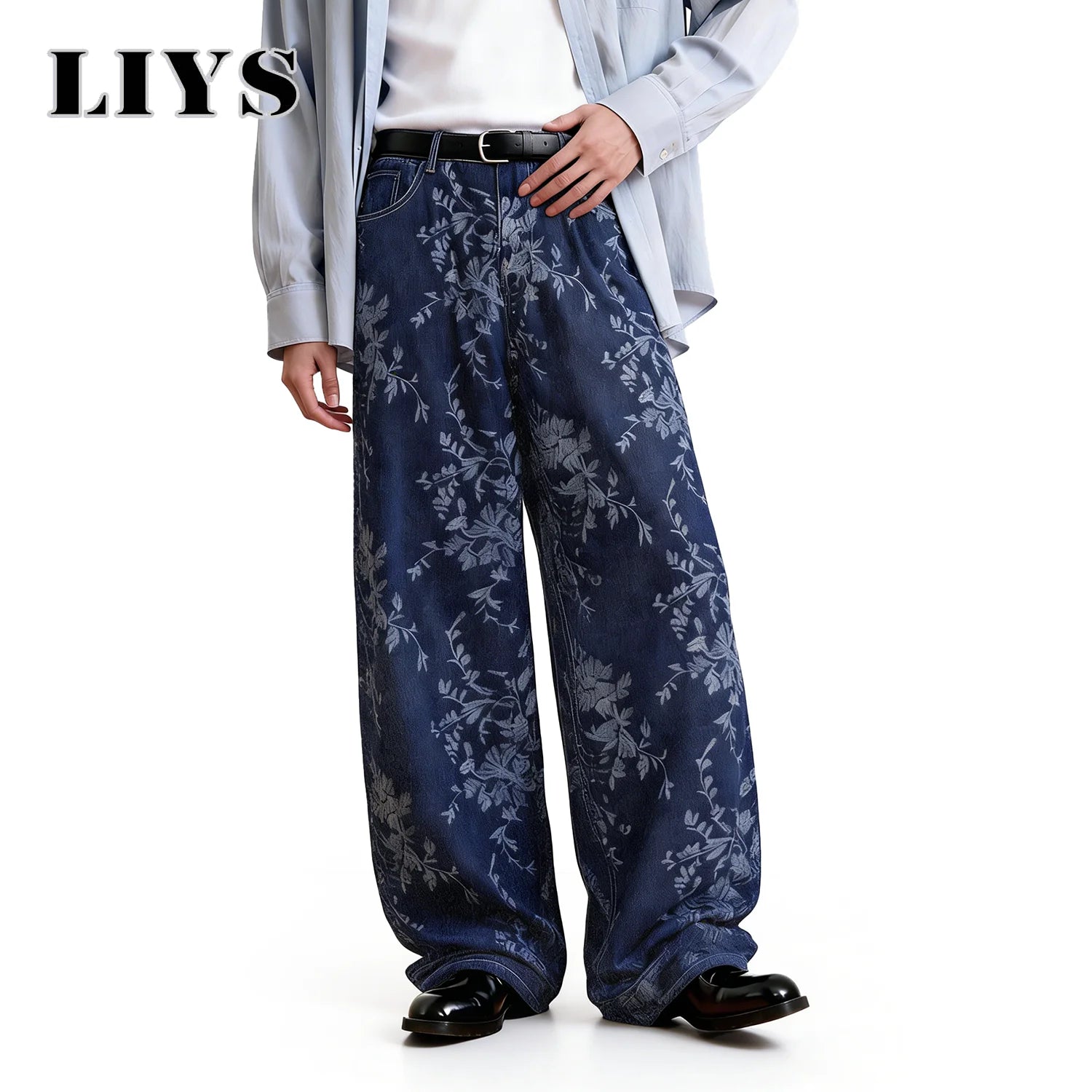 LIYS Japanese Korean Style Orchid Jacquard Fabric Baggy Wide-leg Jeans American Retro Jacquard Wide-leg Casual Denim Pants