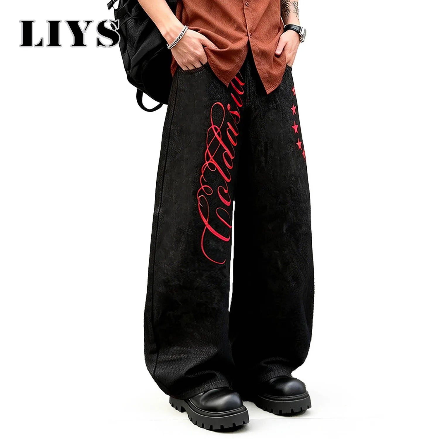 LIYS American Retro Color-blocked Embroidered Baggy Wide-leg Jeans New Japanese Korean Style Embroidered Wide-leg Denim Pants