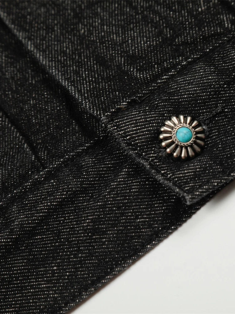 Mens Jacket Punk Vintage Streetwear Black Denim Short Coat Metal Buckle Studded Design Pleated Detail Retro Cool Hip Hop Fashion