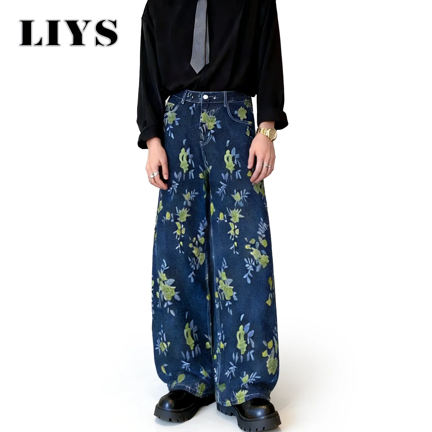 LIYS Japanese-Korean Style Floral Jacquard Fabric Baggy Wide-leg Jeans American Retro Floral Jacquard Fabric Wide-leg Denim Pant