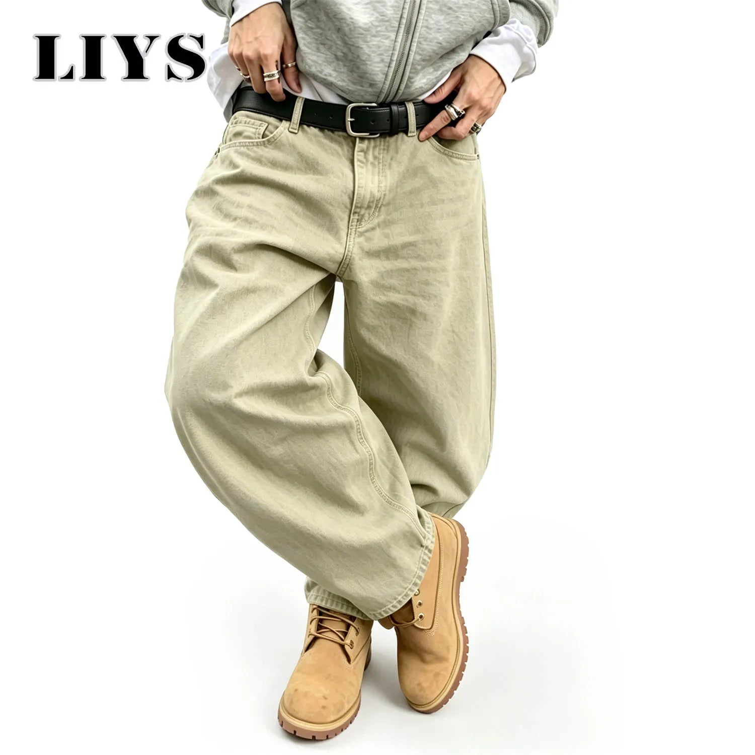 LIYS Men's American Retro Light Khaki Wide Leg Curved Jeans Loose Straight Tube Washed Work Pants High Street Fashion Versatile