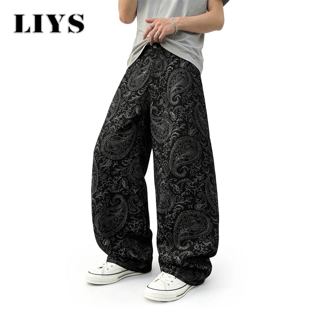 LIYS Men's American Trendy Brand Dark Cashew Flower Full Print Jeans Loose Oversize High Street Loose Straight Tube Casual