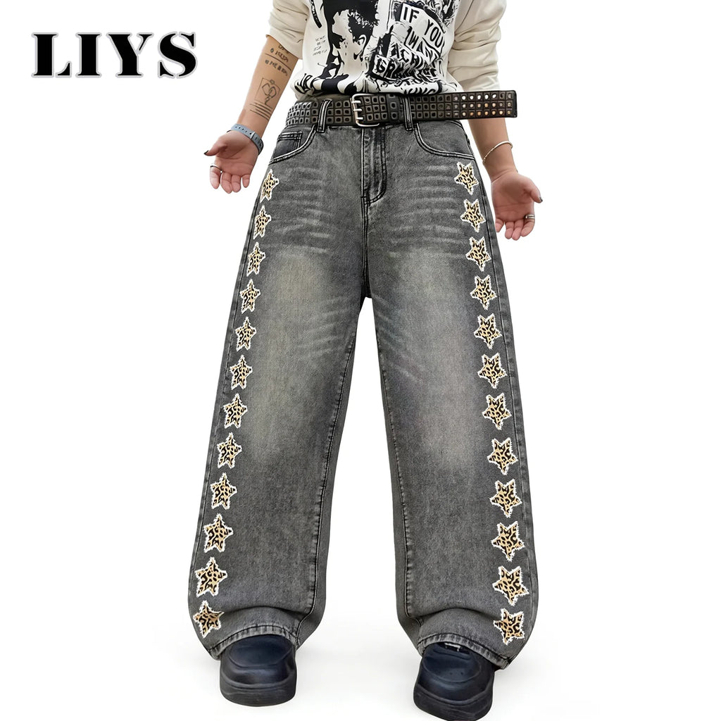 LIYS American Fashion Camouflage Pentagram Printed Jeans KoreanStyle Retro Street Trendy Baggy Wide Leg Casual Denim Pants  ﻿