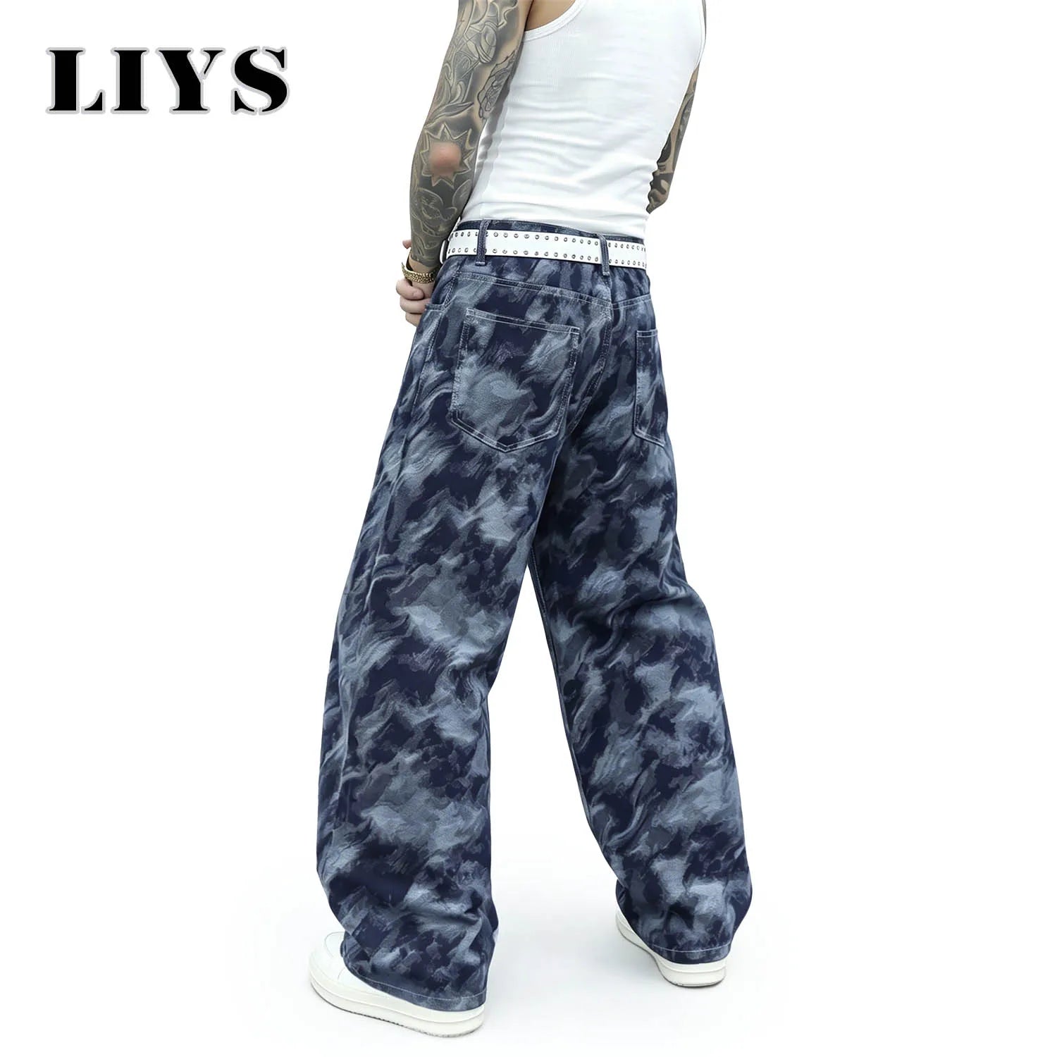 LIYS Men's American Fashion Trendy Brand Ink Dyeing Printed Wash Straight Tube Loose Oversize Denim Casual Street Cool Y2K Style