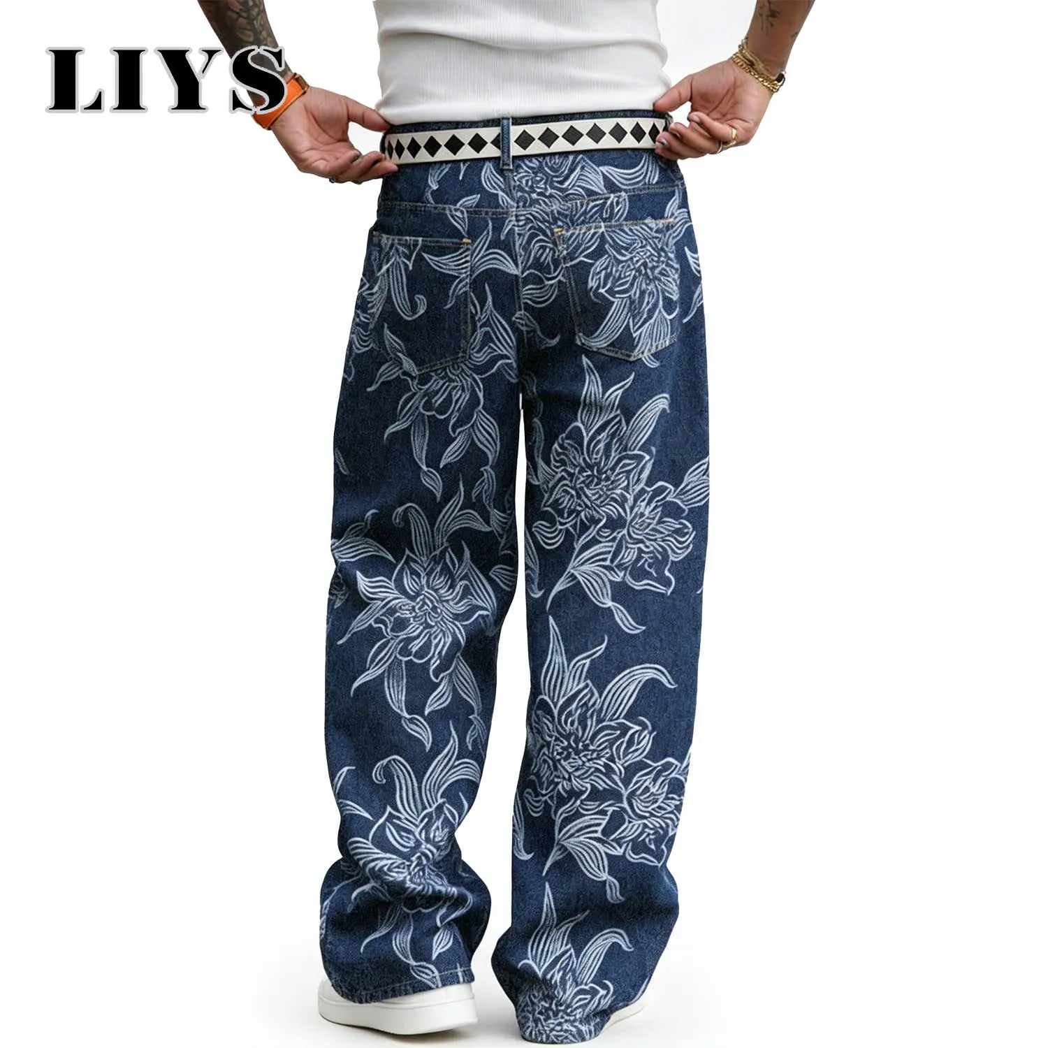 LIYS Men's American Trendy Brand Retro Printed High Street Lazy Leisure Loose Fashion Straight Tube Show Thin Wide Leg Pants