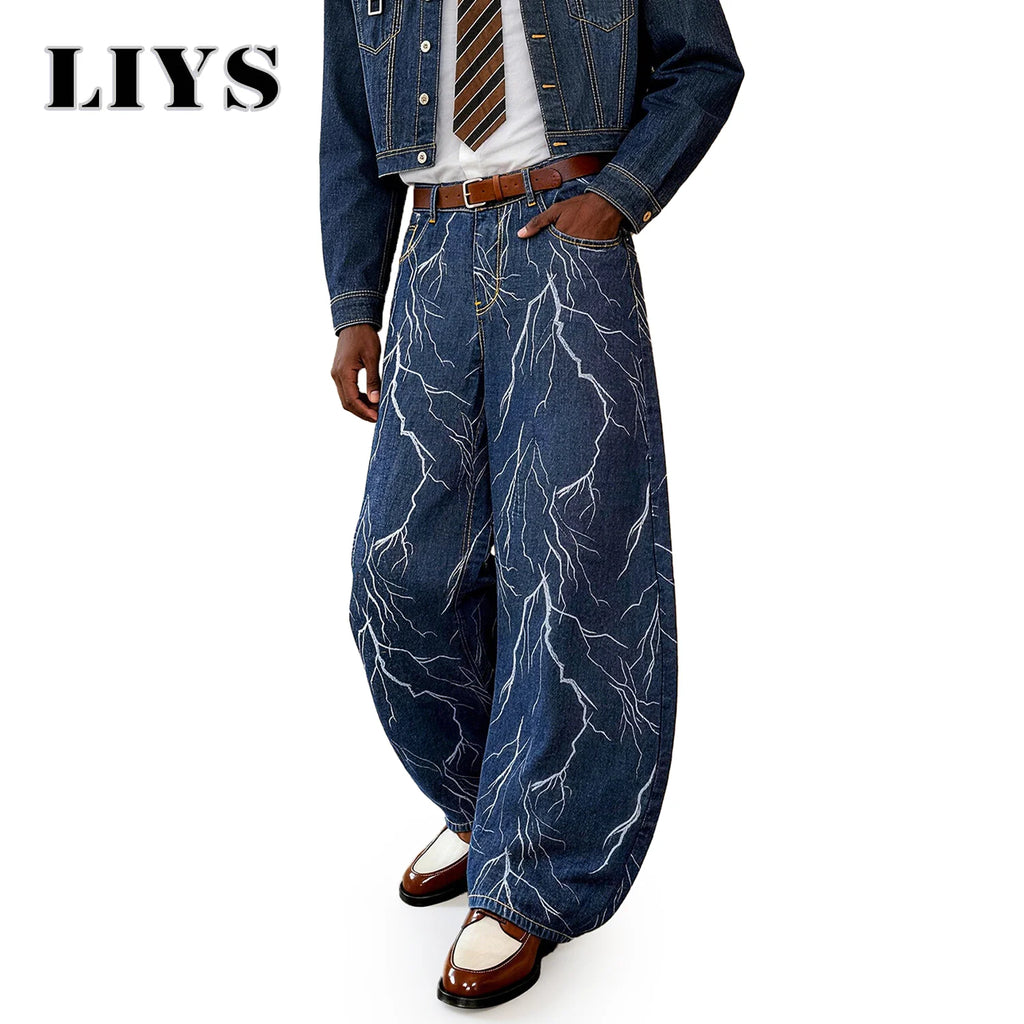 LIYS American Retro Blue Jacquard Baggy Machete Wide-Leg Jeans Daily High Street  Couple Balloon Denim Pants Casual Lantern Pant