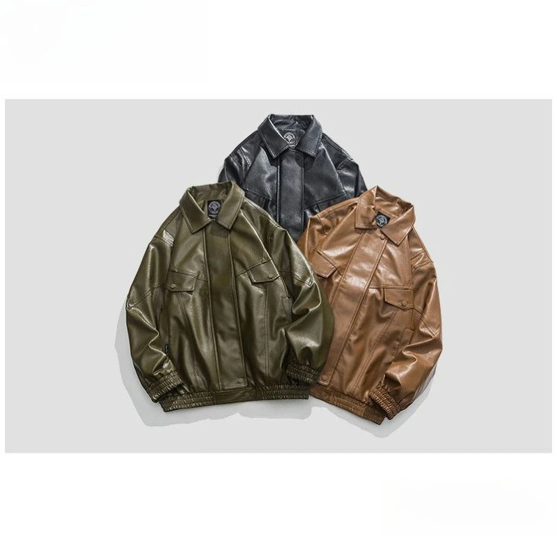 Mens Jacket Harajuku Spring Autumn Faux Leather Coat Lapel Solid Color Plus Size Loose Fit Hong Kong Style Streetwear Fashion