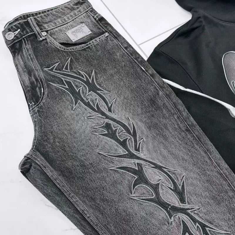 Mens Jeans Harajuku Vintage Streetwear Thorn Embroidery Denim Pants Straight Leg Loose Fit Casual Wide Trousers Retro Trend New
