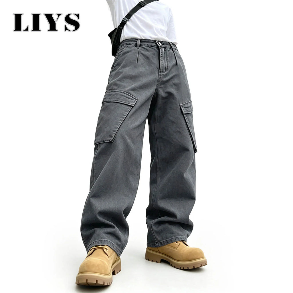 LIYS Men's American Fashion Brand Minimalist Retro High Street Gray Toned Workwear Washed Jeans Loose Wide Leg Straight Tube
