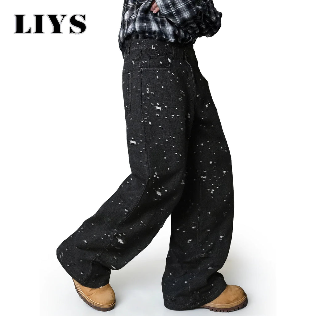 LIYS Japanese-Korean Style Baggy Jacquard Wide-leg Jeans American Retro Distressed Crochet Fabric Wide-leg Denim Pants Unisex