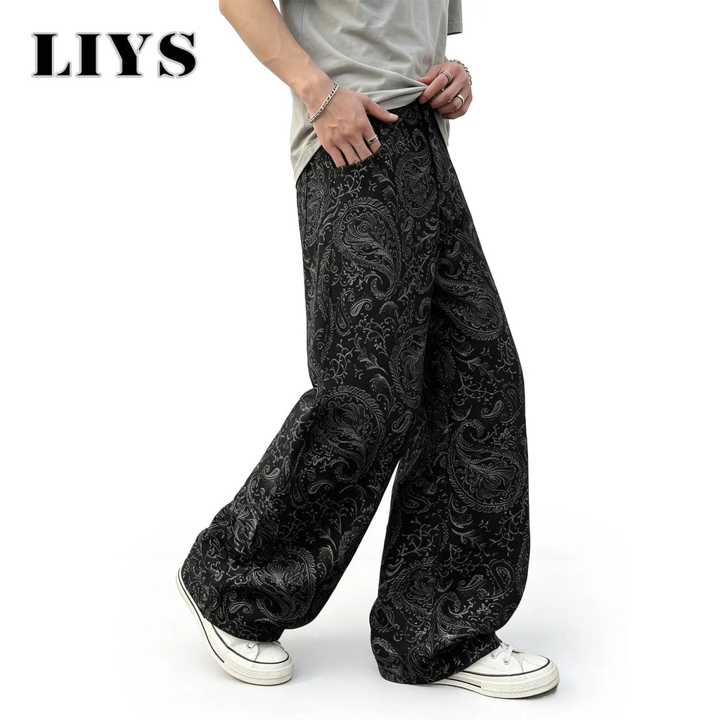 LIYS Men's American Trendy Brand Dark Cashew Flower Full Print Jeans Loose Oversize High Street Loose Straight Tube Casual