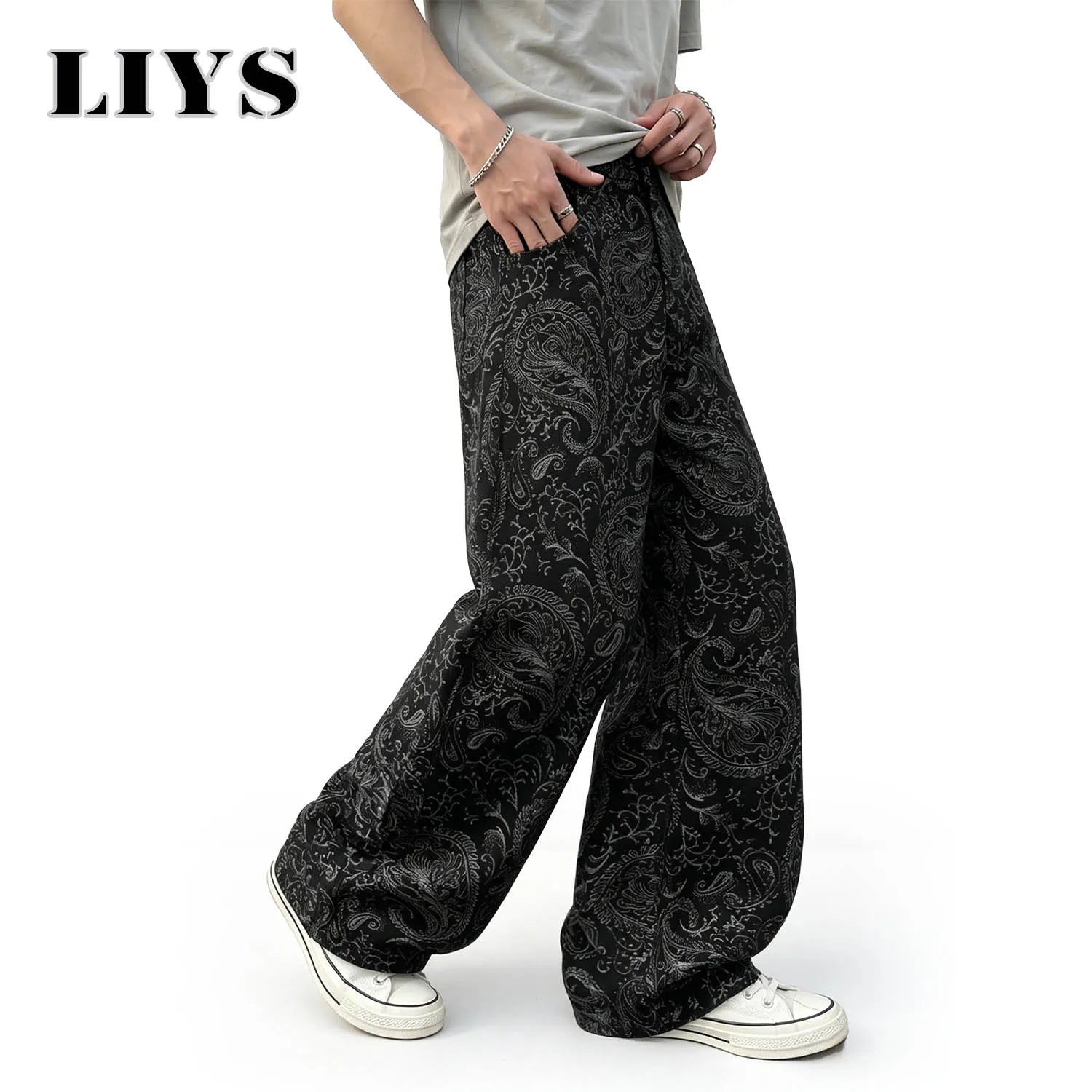 LIYS Men's American Trendy Brand Dark Cashew Flower Full Print Jeans Loose Oversize High Street Loose Straight Tube Casual