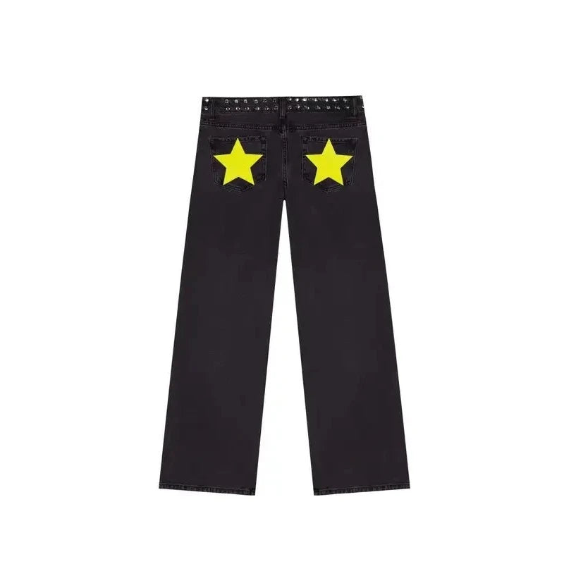 Mens Jeans Gothic Five Pointed Star Sequined Rivet Baggy Denim American Fashion Casual Mid Rise Slim Trousers Harajuku Style New