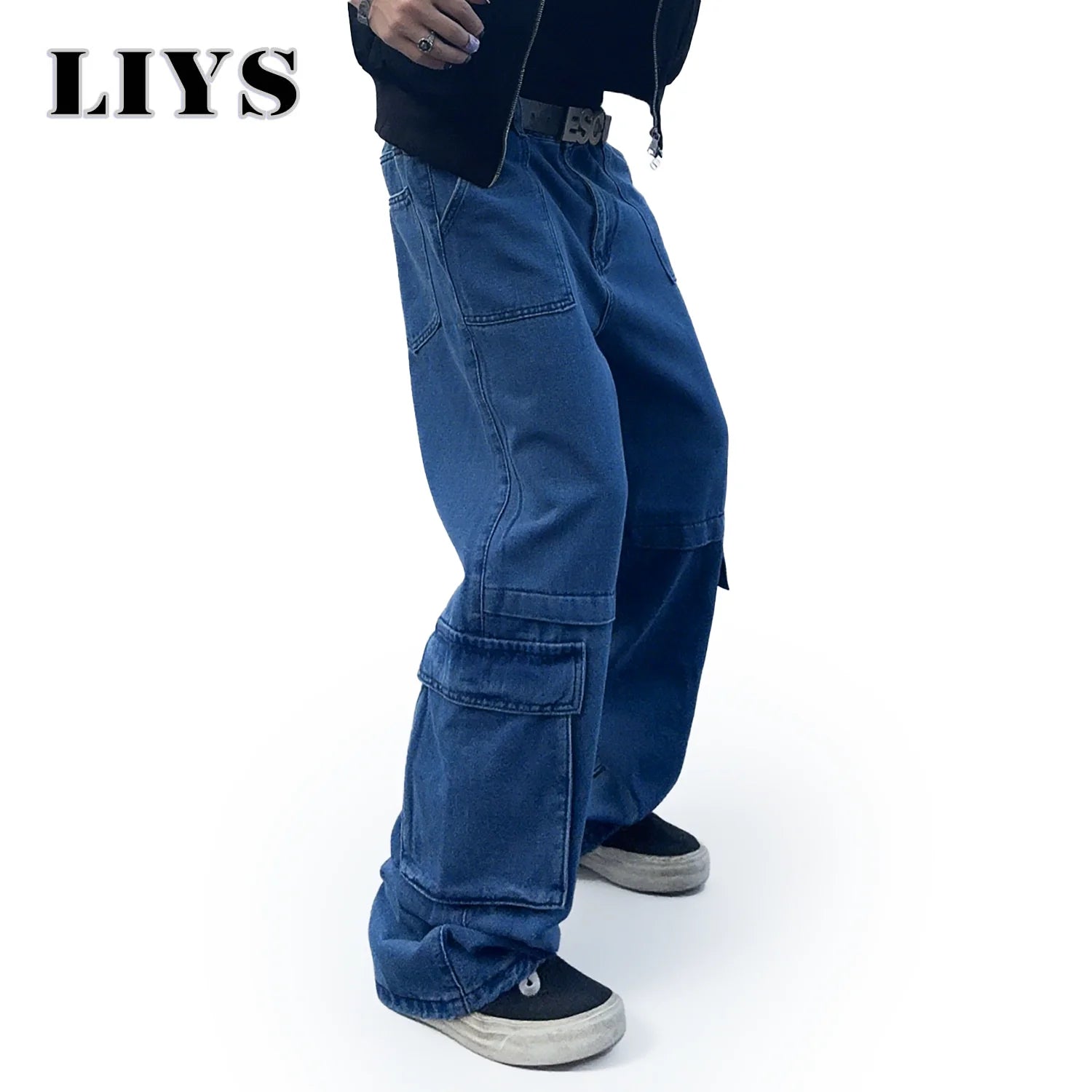LIYS Men's Cargo Multi Pocket Workwear Jeans Solid Color Baggy Straight Leg Denim Pants Baggy Jeans Man Work Clothes Goth Pants