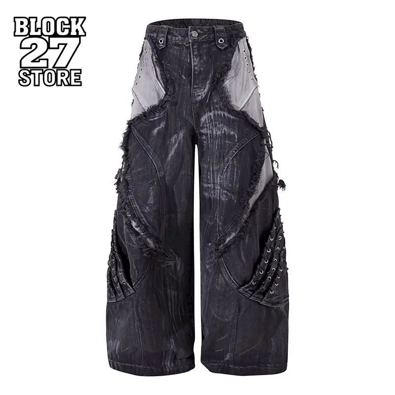 Mens Jeans Harajuku American Vibe Heavy Studded Denim Pants Plus Size Frayed Patchwork Wide Leg Floor Length Streetwear Fashion