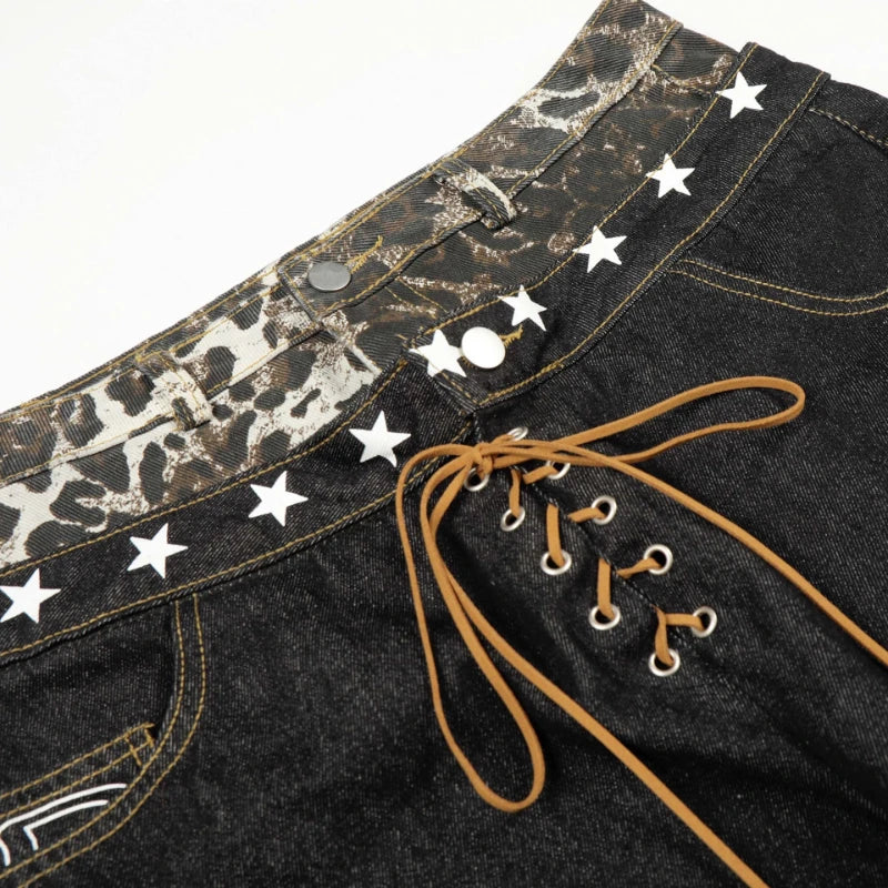 Mens Jeans Double Waist Tie Strap Curved Leg Denim Pants Harajuku Unisex Loose Fit Straight Leg Stack Design Streetwear Fashion