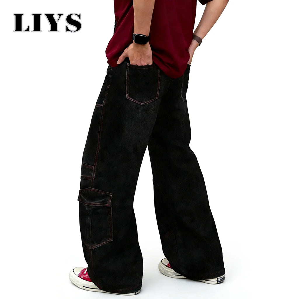 LIYS American Retro Four Seasons Black Baggy Wide Leg Men's Cargo Jeans Street Youth Splicing Multi Pocket Denim Pants Unisex