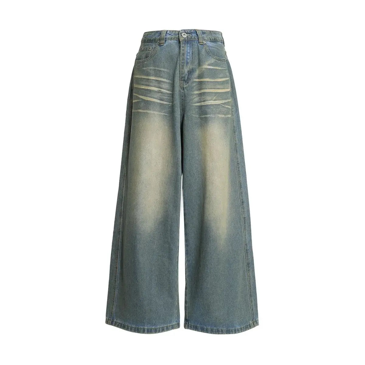 Mens Jeans Harajuku Vintage Washed Pocket Design Straight Denim Pants High Waist Loose Wide Leg Floor Length Trousers Casual New