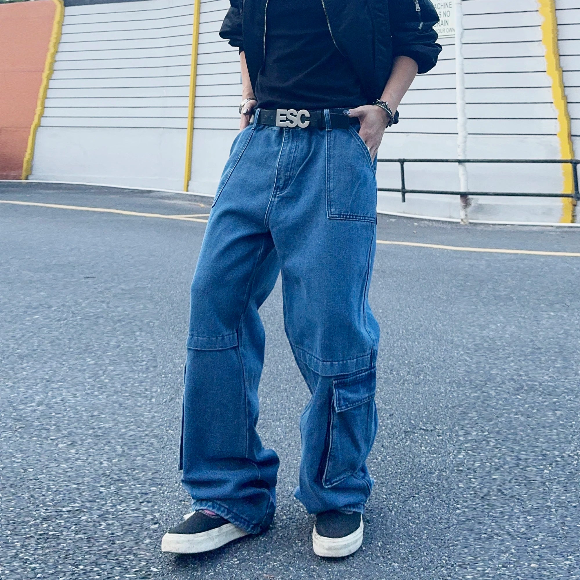 LIYS Men's Cargo Multi Pocket Workwear Jeans Solid Color Baggy Straight Leg Denim Pants Baggy Jeans Man Work Clothes Goth Pants