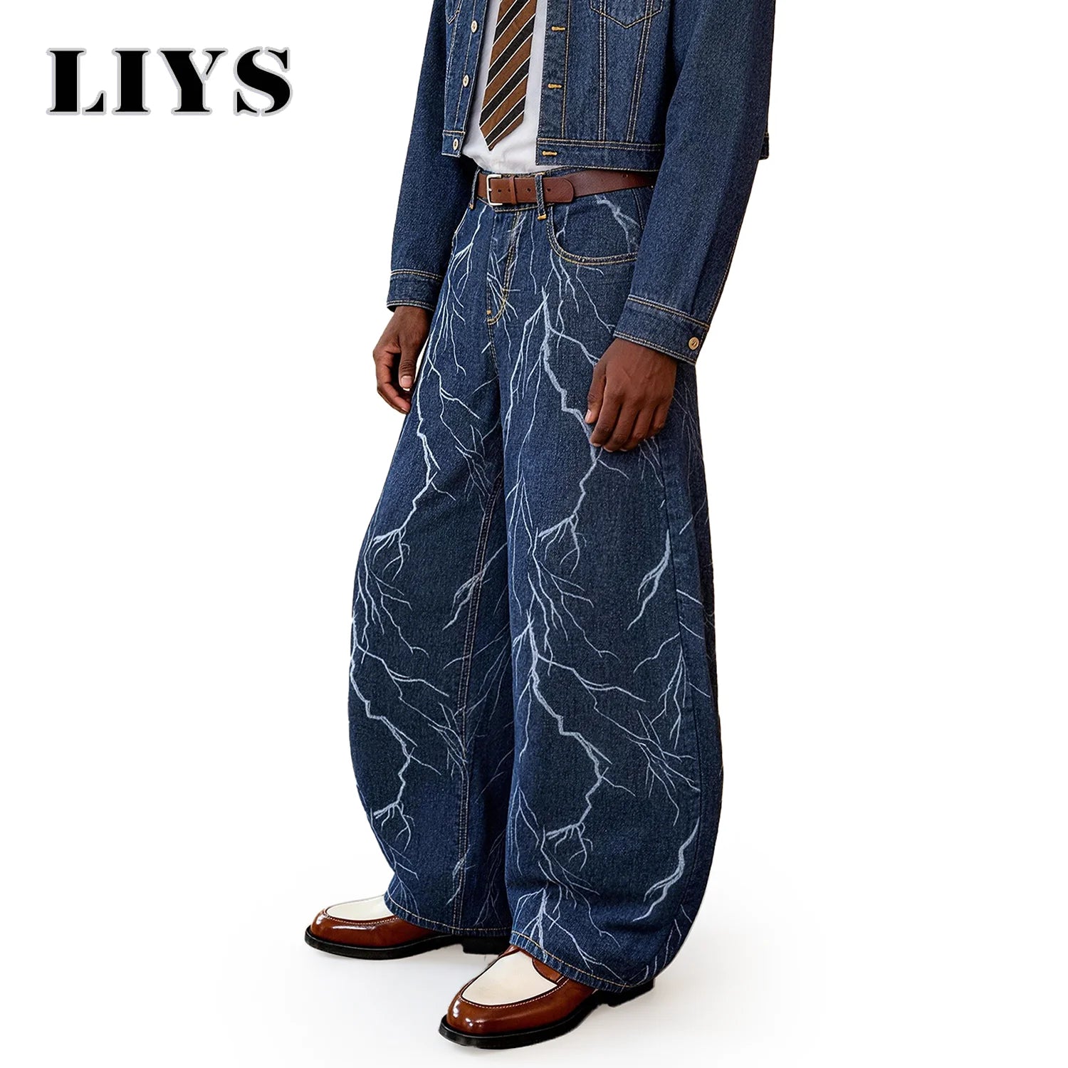 LIYS American Retro Blue Jacquard Baggy Machete Wide-Leg Jeans Daily High Street  Couple Balloon Denim Pants Casual Lantern Pant