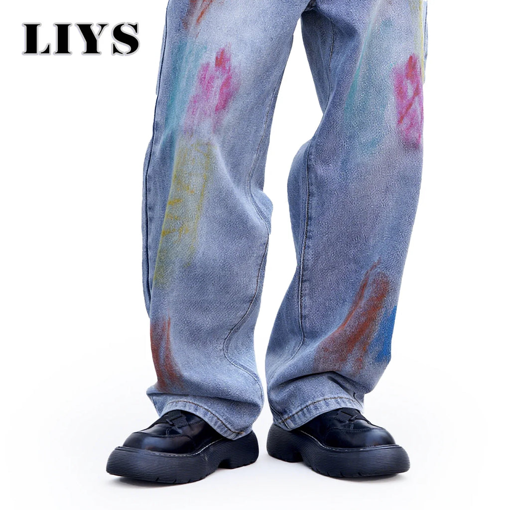 Men's Blue Baggy Inkjet Jeans Trendy Color Personalized Graffiti Loose Water Washed Wide Leg Straight Tube Casual Men's Jeans