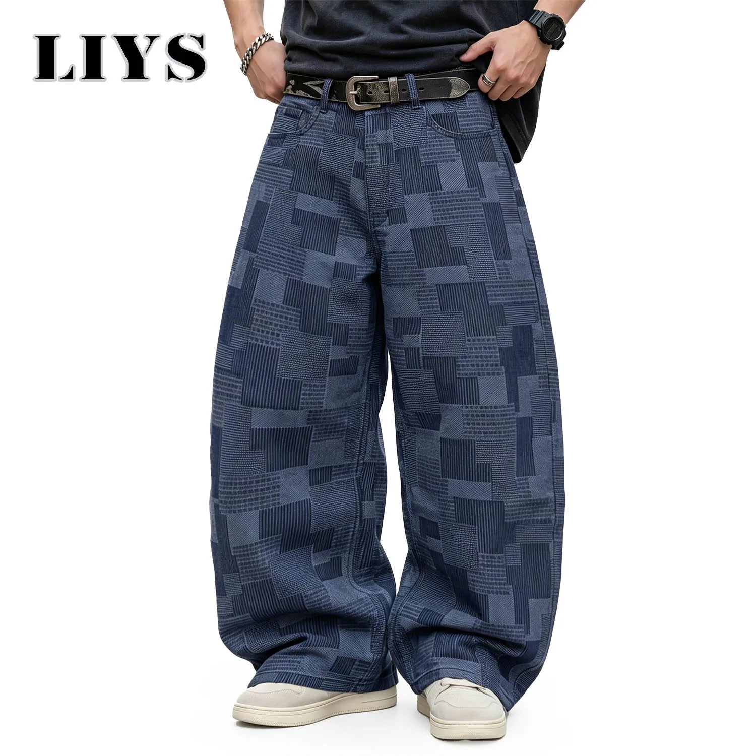 LIYS Men's Four Seasons American Fashion Geometric Block Printed Casual High Street Handsome Retro Look Thin Wide Leg Pants