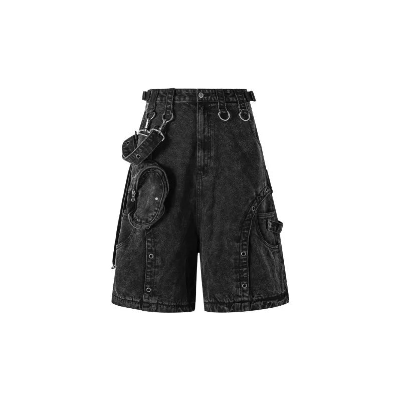 Mens Jeans Harajuku American High Street Streetwear Multi Pocket Detachable Denim Pants Distressed Metal Ring Wide Leg Cargo New