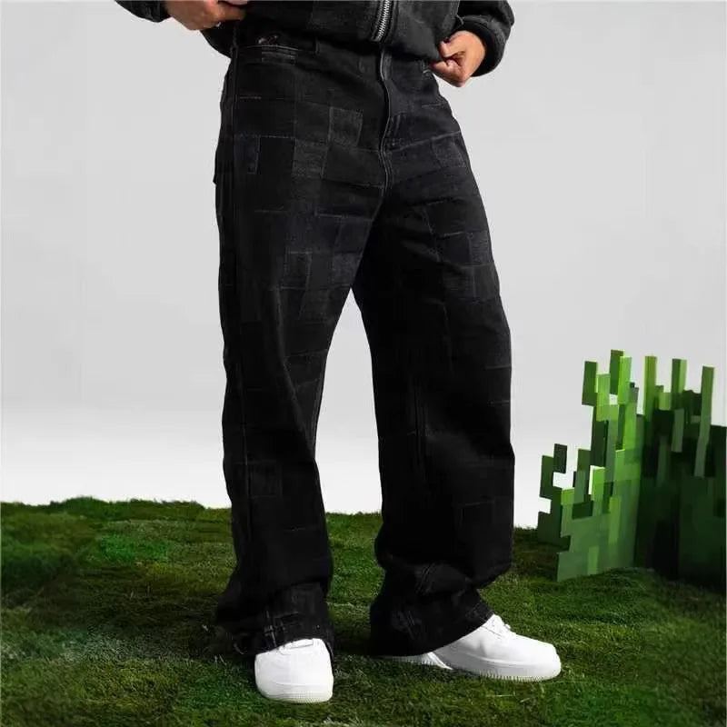 Mens Jeans Harajuku American High Street Streetwear Premium Wide Leg Denim Pants Straight Fit Spring Summer Plaid Casual Unisex