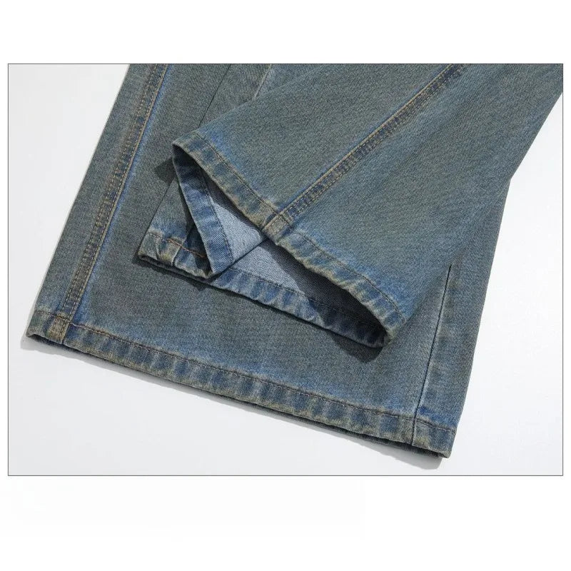Mens Jeans Harajuku Vintage Washed Pocket Design Straight Denim Pants High Waist Loose Wide Leg Floor Length Trousers Casual New