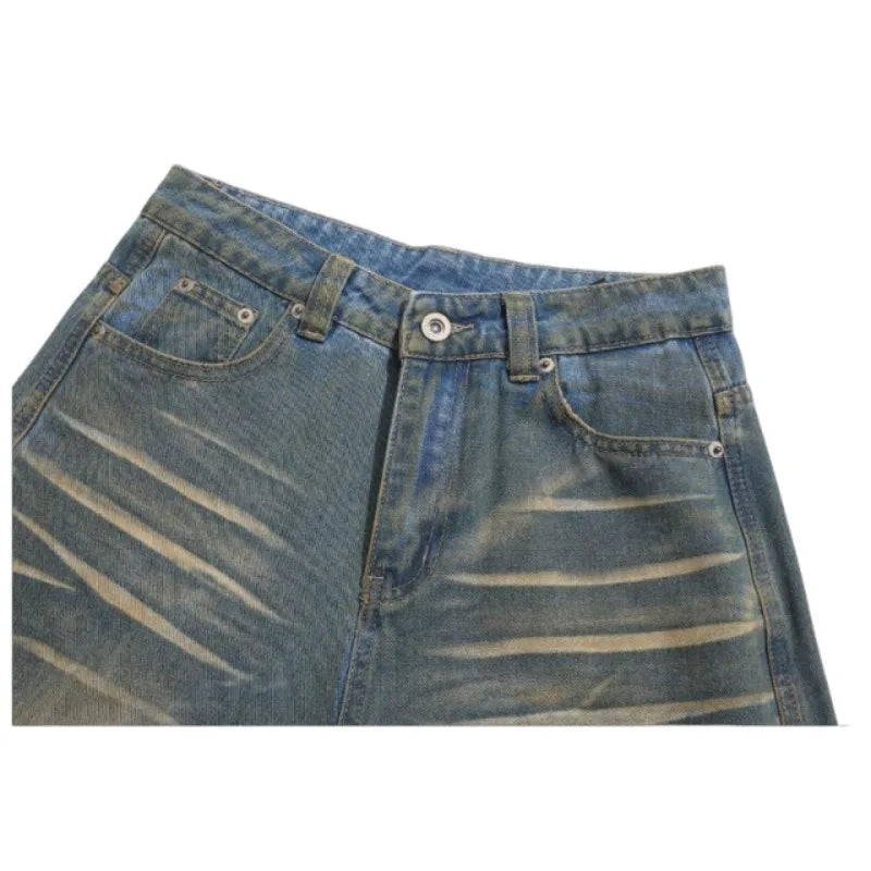Mens Jeans Harajuku Vintage Washed Pocket Design Straight Denim Pants High Waist Loose Wide Leg Floor Length Trousers Casual New