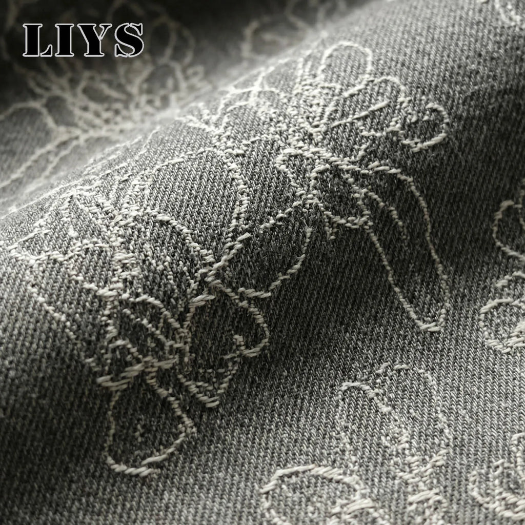 LIYS New Japanese Korean Style Floral Jacquard Fabric Baggy Straight-Leg Jeans American Retro Daily Casual Denim Pants Unisex