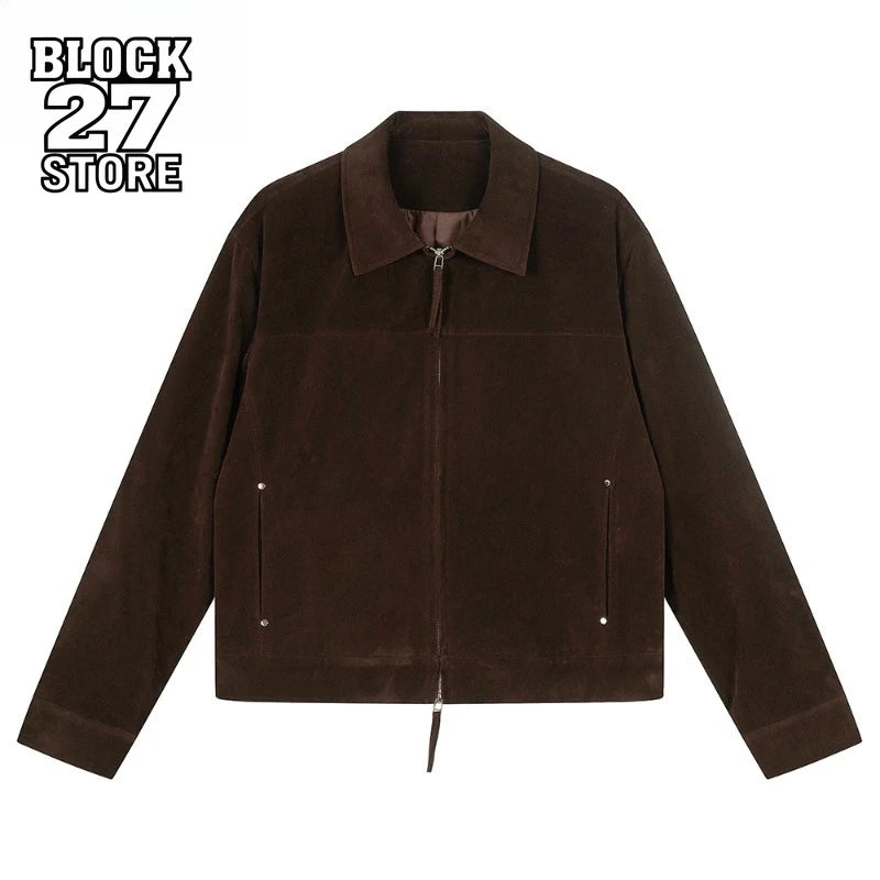 Harajuku Retro Suede Lapel Jacket Mens Spliced Solid Color Autumn Winter Casual Loose Fit Long Sleeve Streetwear Outerwear New