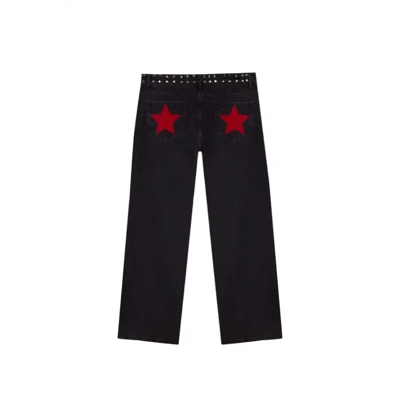 Mens Jeans Gothic Five Pointed Star Sequined Rivet Baggy Denim American Fashion Casual Mid Rise Slim Trousers Harajuku Style New