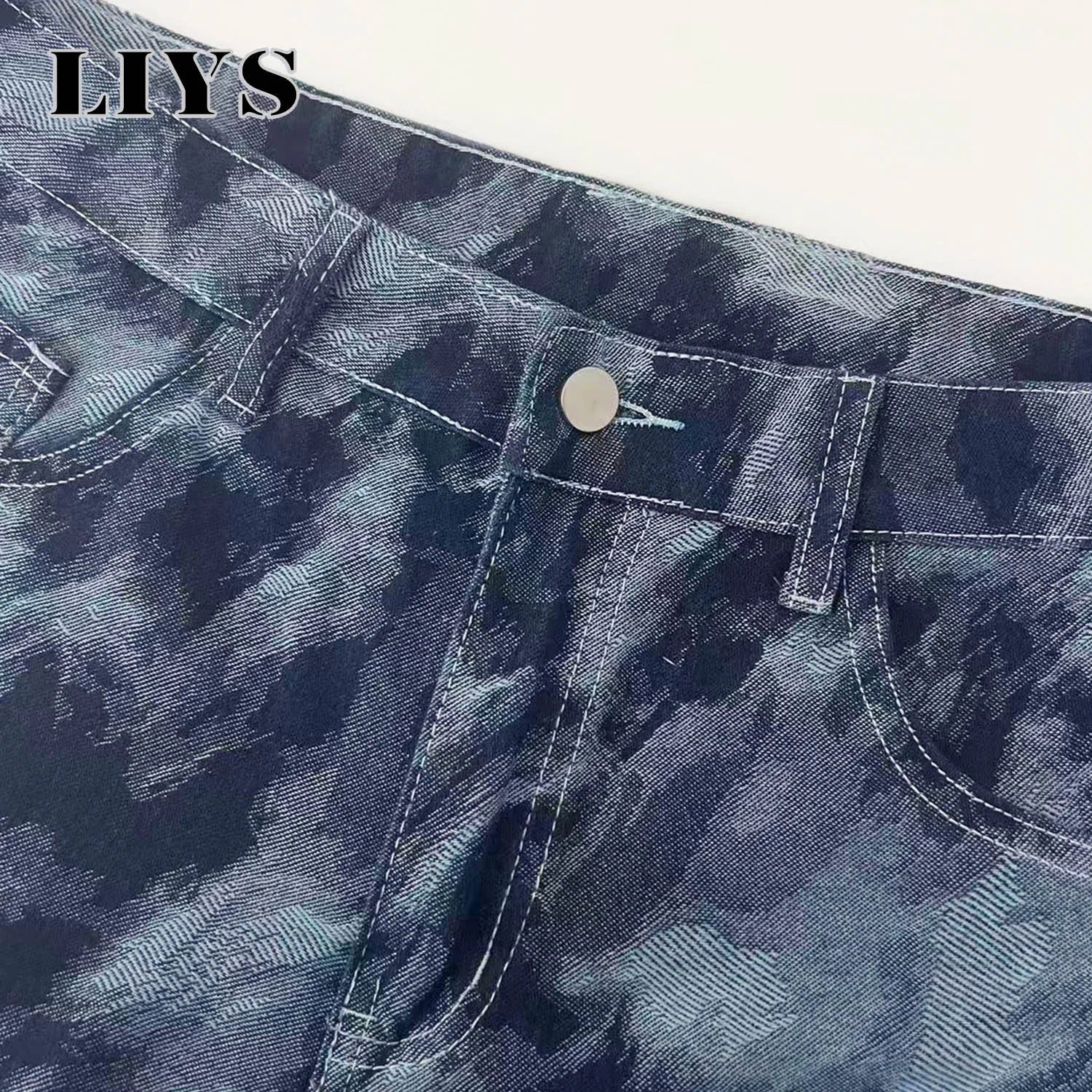 LIYS Men's American Fashion Trendy Brand Ink Dyeing Printed Wash Straight Tube Loose Oversize Denim Casual Street Cool Y2K Style