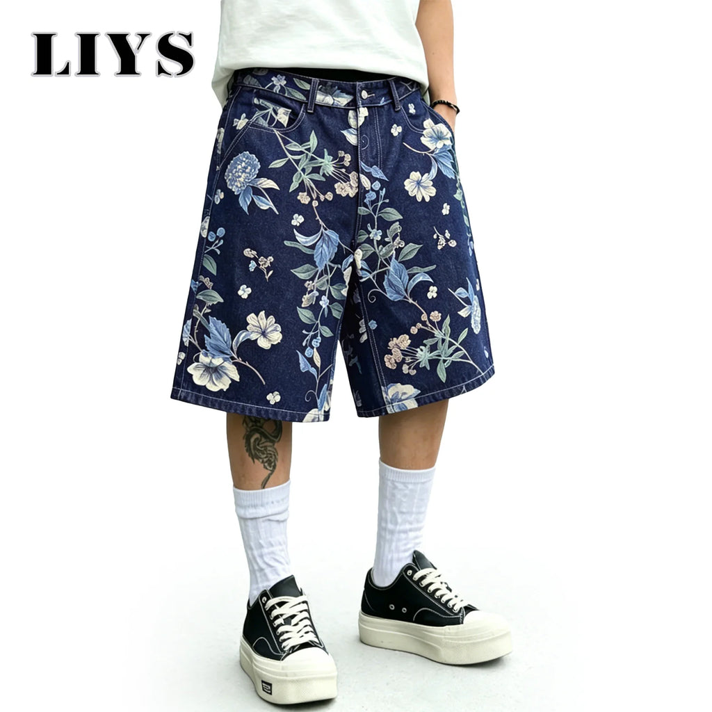 LIYS Japanese Korean Floral Print Jacquard Baggy Wide-leg Jeans Shorts American Street Fashion Shorts Elegant College Style ﻿
