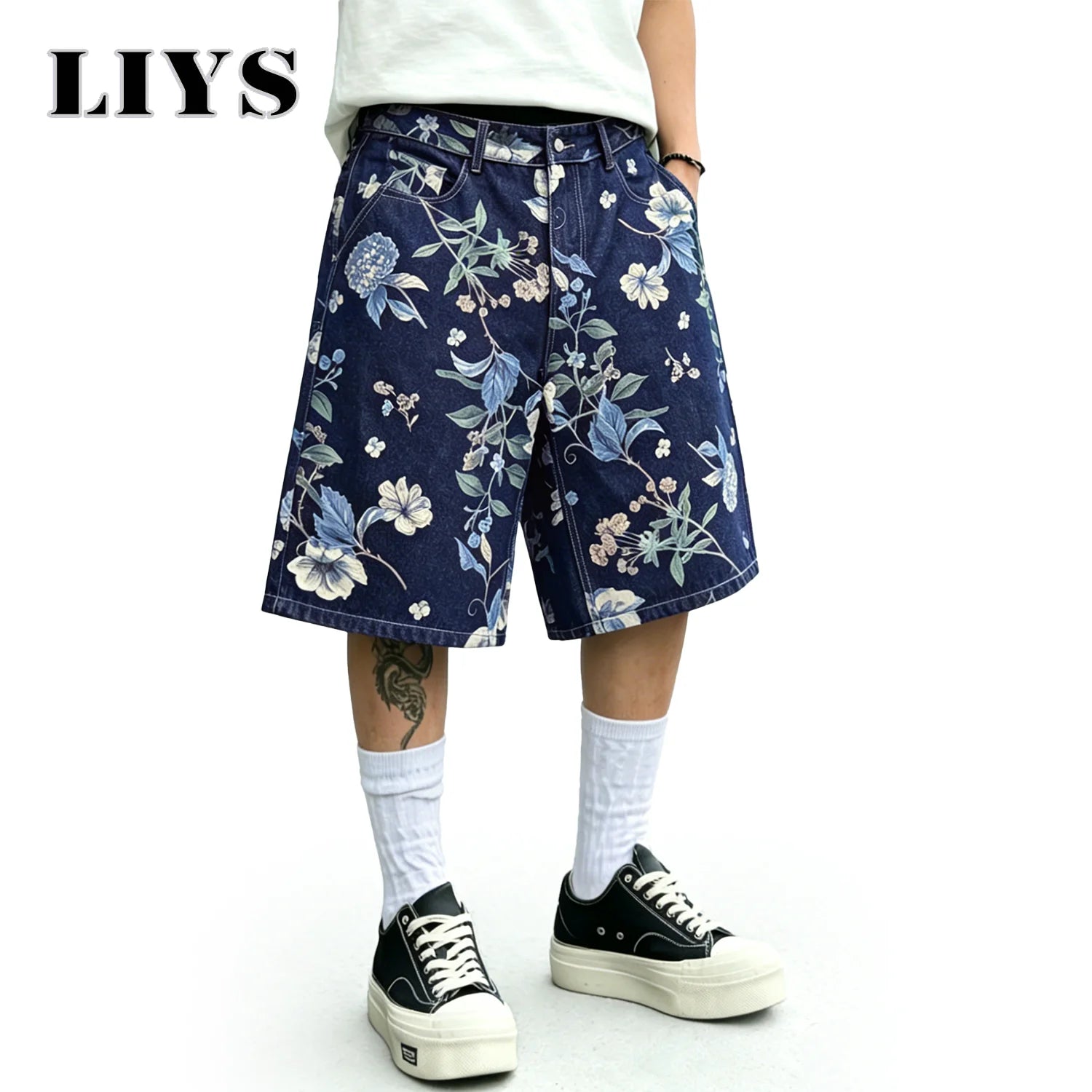LIYS Japanese Korean Floral Print Jacquard Baggy Wide-leg Jeans Shorts American Street Fashion Shorts Elegant College Style ﻿