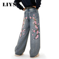 LIYS American Street Embroidered Baggy Wide-leg Jeans Unisex Trendy Korean Style Cherry Blossom Embroidery Distressed Denim Pant