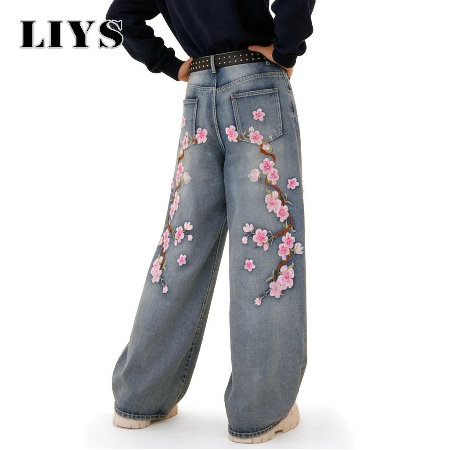 LIYS American Street Embroidered Baggy Wide-leg Jeans Unisex Trendy Korean Style Cherry Blossom Embroidery Distressed Denim Pant