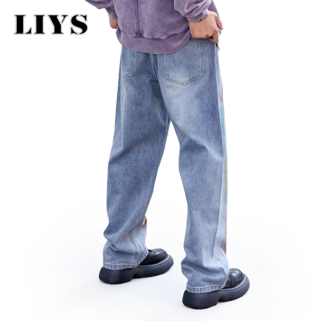 Men's Blue Baggy Inkjet Jeans Trendy Color Personalized Graffiti Loose Water Washed Wide Leg Straight Tube Casual Men's Jeans