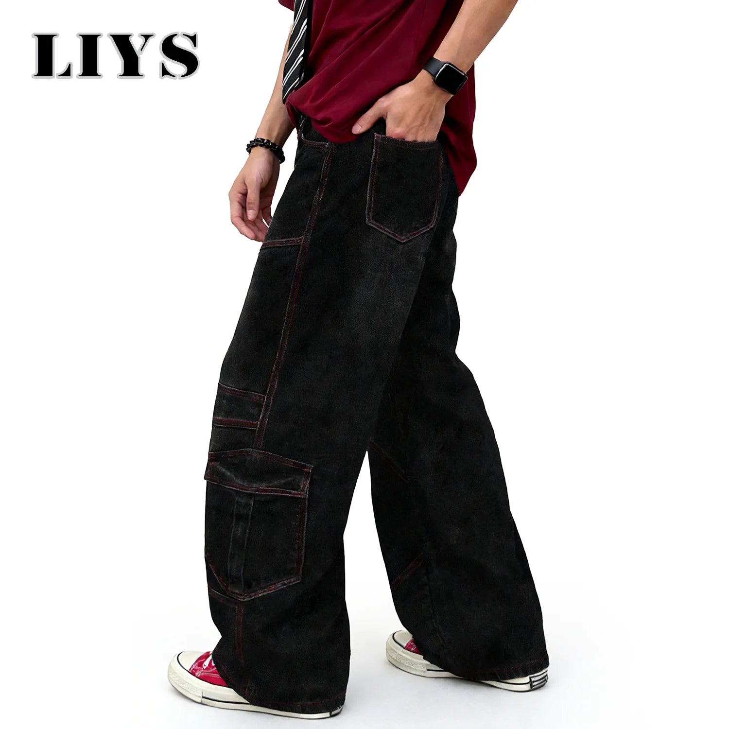 LIYS American Retro Four Seasons Black Baggy Wide Leg Men's Cargo Jeans Street Youth Splicing Multi Pocket Denim Pants Unisex