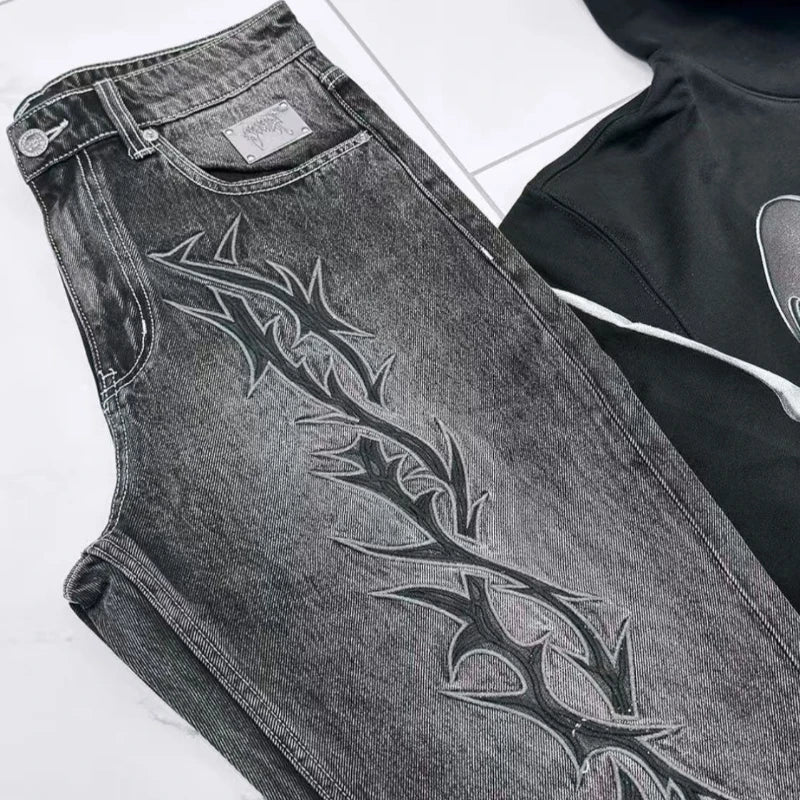 Mens Jeans Harajuku Vintage Streetwear Thorn Embroidery Denim Pants Straight Leg Loose Fit Casual Wide Trousers Retro Trend New