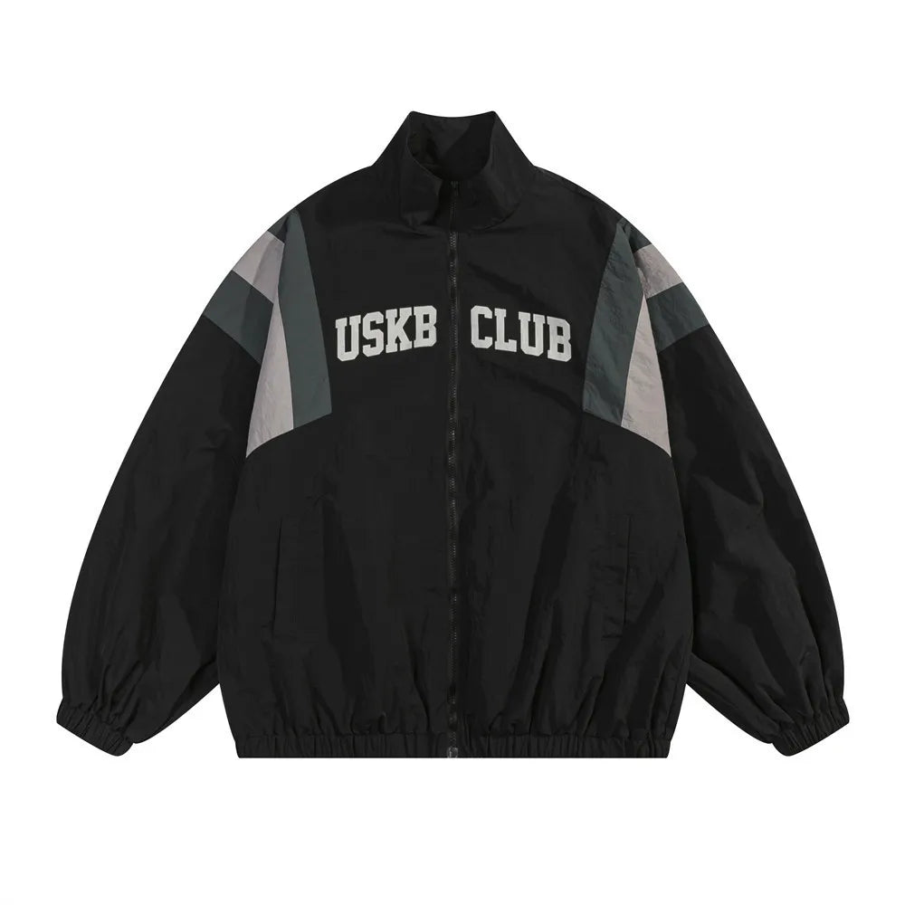 Harajuku Men's Windbreaker Jacket Loose Color Block Stand Collar Zipper Coat Waterproof Windproof Pilot Style American Street