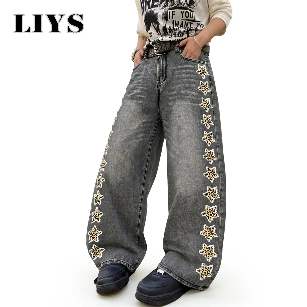 LIYS American Fashion Camouflage Pentagram Printed Jeans KoreanStyle Retro Street Trendy Baggy Wide Leg Casual Denim Pants  ﻿