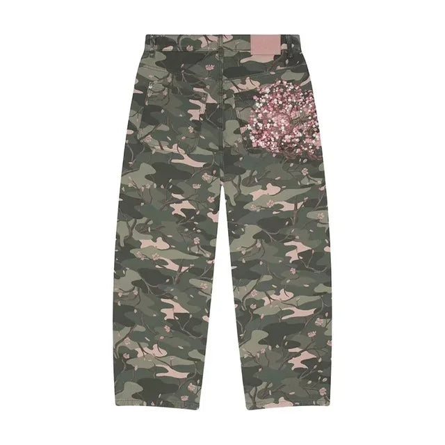 Mens Jeans Y2K Sakura Embroidery Camo Denim Pants Harajuku Unisex Loose Fit Straight Leg Wide Streetwear Fashion Trend Arrival