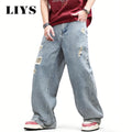 LIYS American Retro Men's Ultra Baggy Wide Leg Jeans High Street Oversized Loose Ripped Denim Pants Light Color Simple Jeans
