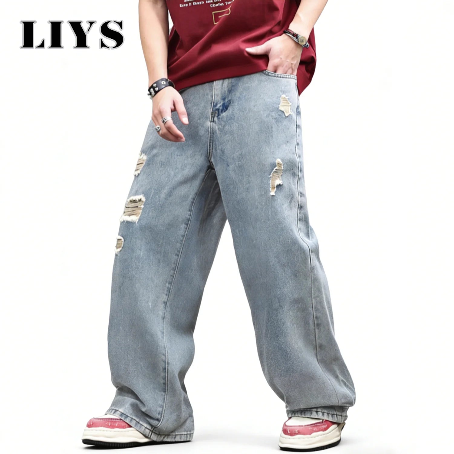 LIYS American Retro Men's Ultra Baggy Wide Leg Jeans High Street Oversized Loose Ripped Denim Pants Light Color Simple Jeans