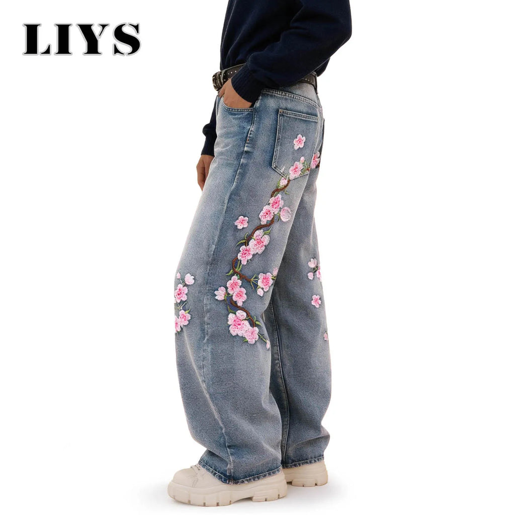 LIYS American Street Embroidered Baggy Wide-leg Jeans Unisex Trendy Korean Style Cherry Blossom Embroidery Distressed Denim Pant