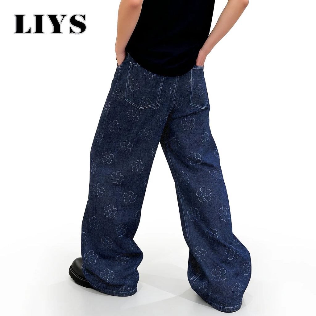 LIYS Japanese-Korean Style Men's Baggy Jacquard Wide-leg Jeans With Floral Crochet Fabric American Retro Style Unisex Pants