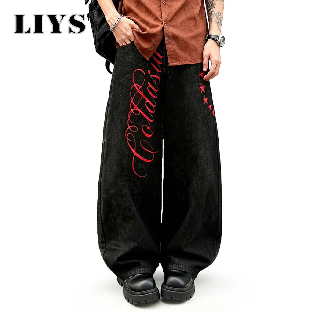 LIYS American Retro Color-blocked Embroidered Baggy Wide-leg Jeans New Japanese Korean Style Embroidered Wide-leg Denim Pants